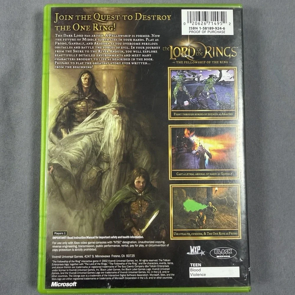 Lord of the Rings Fellowship‎ of the Ring Xbox CIB Complete w/, Manual